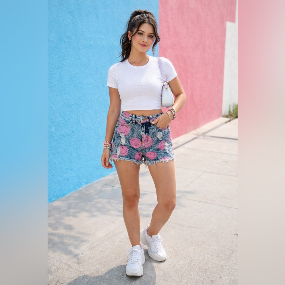 Almost Famous 90s Smiley Face Denim Shorts | Distressed | Size 1
